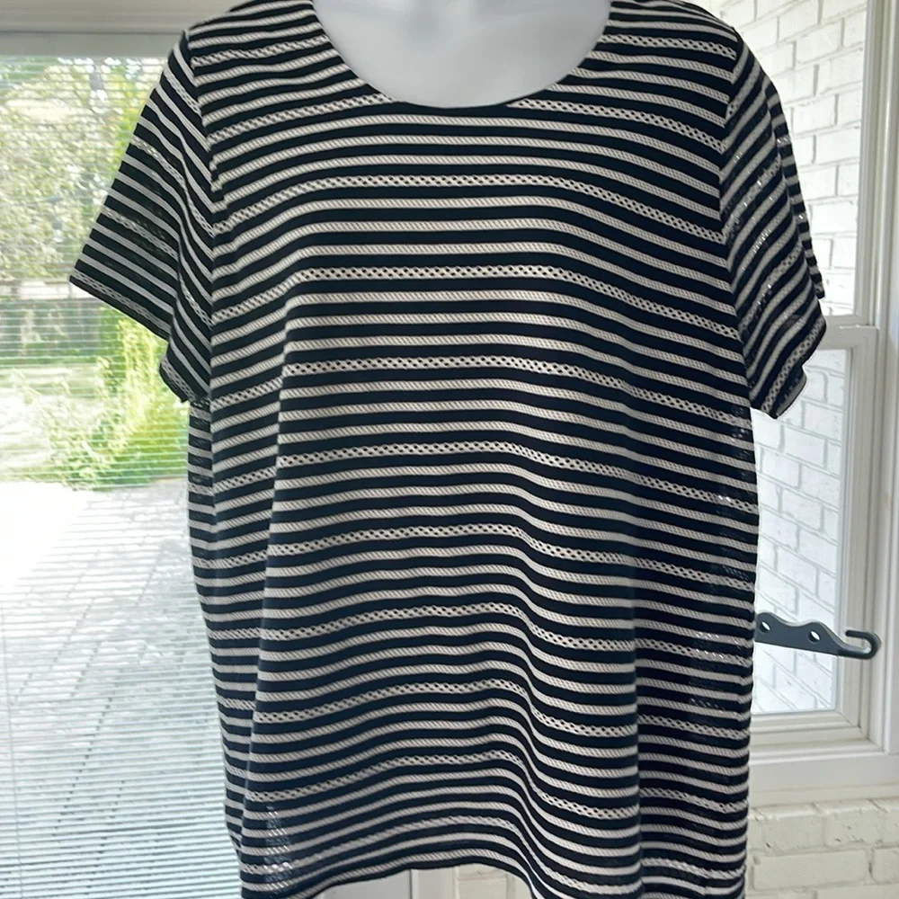 CJ Banks Navy Blue and White Striped Short Sleeve Top - Picture 3 of 8